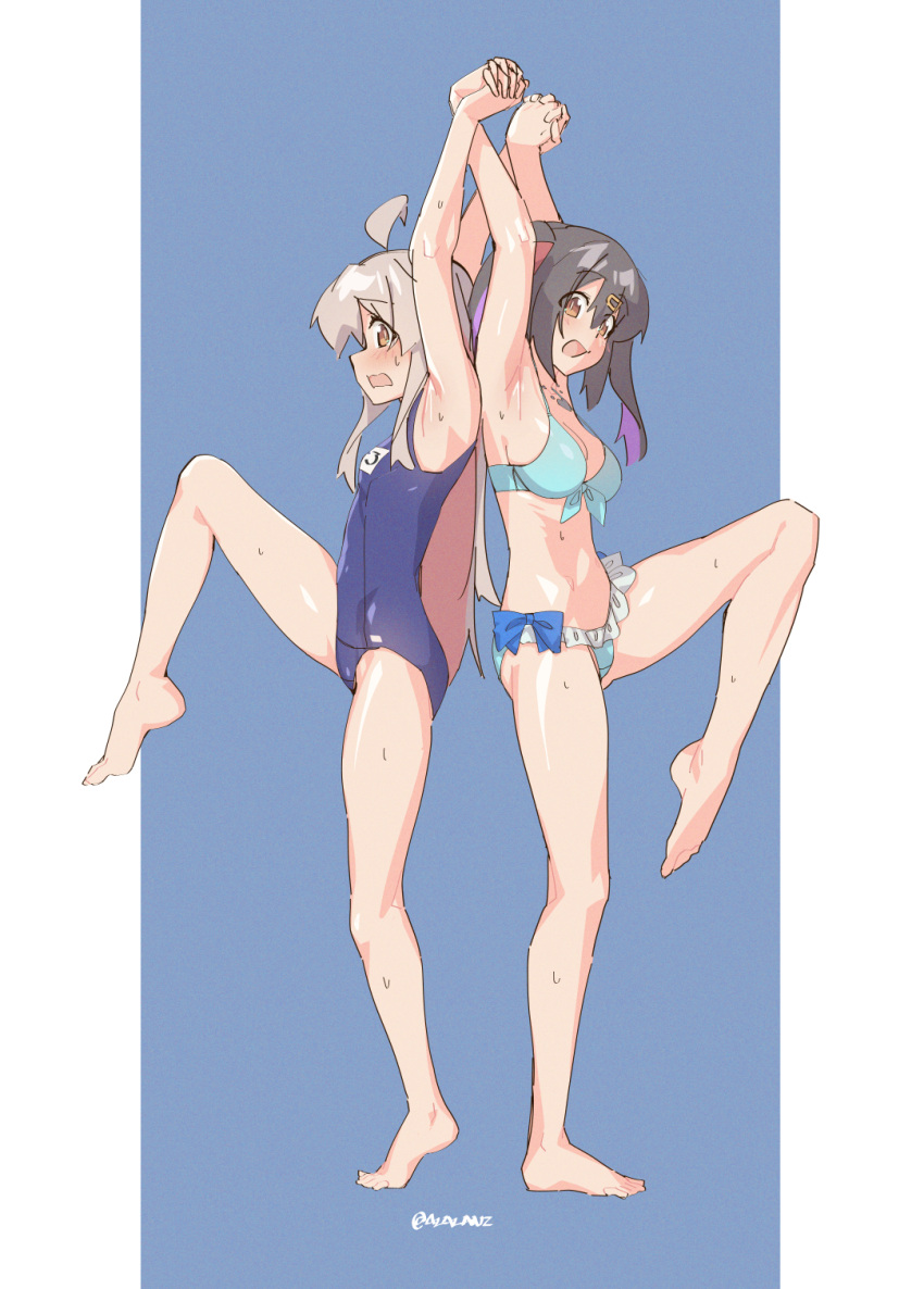 2girls ahoge armpits arms_up barefoot bikini black_hair blue_bikini breasts feet grey_hair highres holding_hands interlocked_fingers large_breasts leg_up long_hair looking_at_viewer multiple_girls onii-chan_wa_oshimai! open_mouth oyama_mahiro oyama_mihari pillarboxed purple_hair school_swimsuit siblings sisters small_breasts standing standing_on_one_leg swimsuit tilt-shift_(azalanz) twintails two-tone_background white_background yellow_eyes