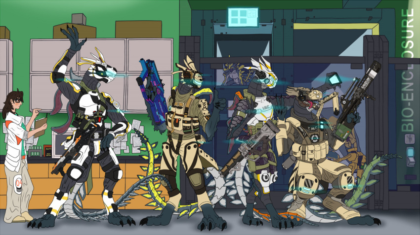 anthro armor digitigrade electronic_arts frill_(anatomy) group gun headgear helmet helmet_over_eyes human humanoid katuro male mammal military pilot_(titanfall) prowler ranged_weapon respawn_entertainment scalie science_fiction tail titanfall titanfall_2 unusual_anatomy unusual_tail weapon