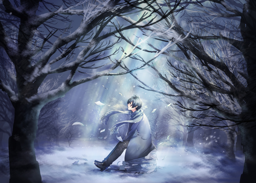 1boy bare_tree black_hair blue_coat blue_scarf blue_theme coat commentary_request forest light_rays long_sleeves looking_up male_focus moonbeam moonlight nature night original outdoors pants paper paper_stack parted_lips profile scarf sitting snow solo tree wind winter yamabuki_kanon