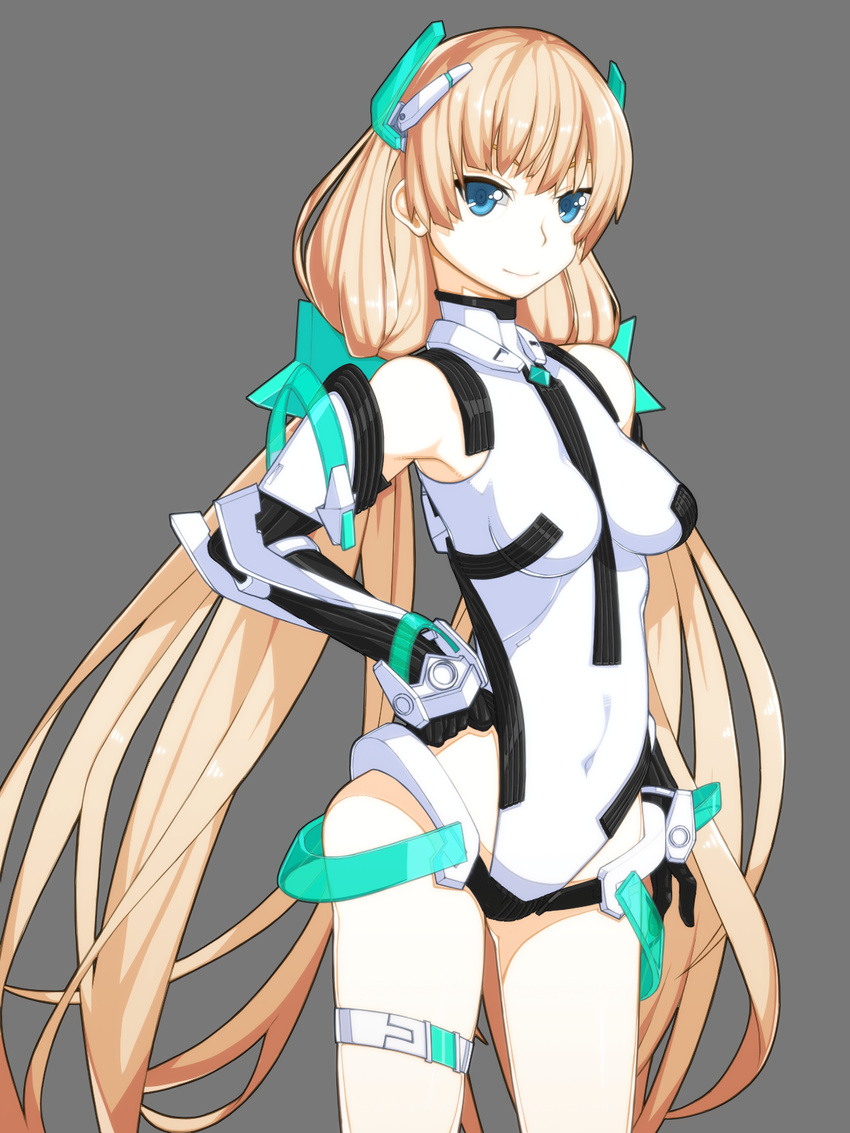 angela_balzac blonde_hair blue_eyes bodysuit expelled_from_paradise garter garters gloves long_hair rakuen_tsuihou smile songkyoo twintails