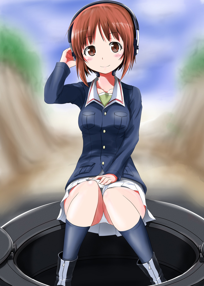 blue_socks blurry blush boots brown_eyes brown_hair buttons cloud collared_shirt commentary_request day depth_of_field female girls_und_panzer hand_on_headphones hatch headphones highres ju_(old505) kneehighs light_smile long_sleeves looking_at_viewer military military_uniform military_vehicle motor_vehicle nishizumi_miho ooarai_military_uniform outdoors panties pantyshot panzer_iv parted_bangs pleated_skirt pocket shirt short_hair sitting skirt sky smile socks solo tank underwear uniform white_panties white_skirt zipper