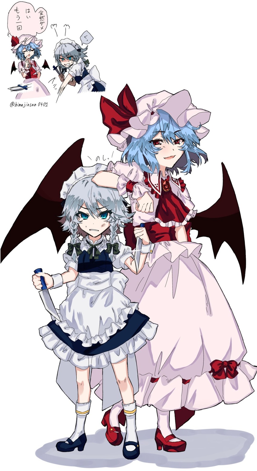 2girls :d aged_down anger_vein annoyed apron arm_on_another's_head ascot bat_wings between_fingers black_bow black_footwear black_ribbon blue_dress blue_hair bow braid brooch clenched_teeth commentary_request determined dress dual_wielding frilled_ascot frilled_shirt_collar frills full_body green_ribbons grey_hair hair_between_eyes hair_ribbon hat hat_ribbon high_heels highres himadera holding holding_knife inset izayoi_sakuya jewelry kneehighs knife knives_between_fingers layered_clothes lecturing light_blue_hair looking_at_viewer maid maid_apron maid_headdress mary_janes mob_cap motion_lines multiple_girls multiple_views neck_ribbon open_mouth pink_hat pink_shirt pink_skirt pink_socks puffy_short_sleeves puffy_sleeves red_ascot red_eyes red_footwear remilia_scarlet reverse_grip ribbon shaded_face shadow shirt shoes short_hair short_sleeves skirt smile socks sparkle standing sweatdrop teeth throwing_knife touhou translated twin_braids twitter_username waist_apron weapon white_apron white_background white_dress wings wrist_cuffs