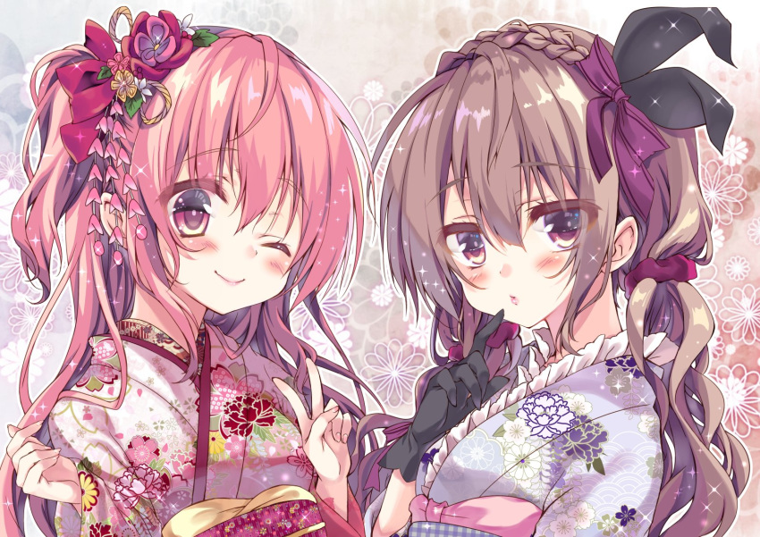 2girls ;) arms_up bad_id bad_twitter_id black_gloves blush bow braid commentary_request curly_hair finger_to_mouth floral_print flower french_braid frilled_kimono frills gloves hair_flower hair_ornament hair_scrunchie hairbow highres honoka_chiffon japanese_clothes kimono light_brown_hair lipstick long_sleeves looking_at_viewer makeup moka_(honoka_chiffon) multiple_girls one_eye_closed one_side_up original pink_hair purple_eyes purple_kimono purple_scrunchie red_eyes red_kimono rose_(honoka_chiffon) sash scrunchie sidelocks smile tied_hair upper_body v