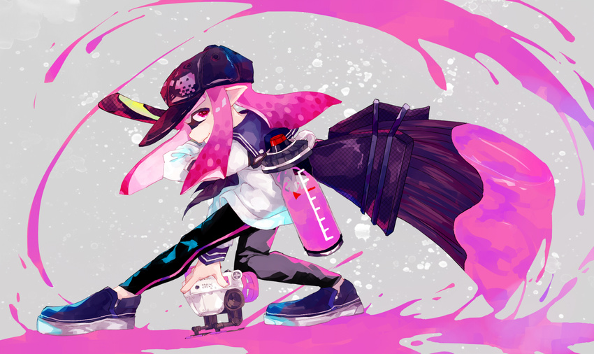 autobomb_(splatoon) baseball_cap black_hat black_neckerchief black_pants blouse blue_footwear closed_mouth commentary female from_side full_body grey_background hat herobrush_(splatoon) highres holding holding_weapon ink_tank_(splatoon) inkling inkling_girl inkling_player_character long_hair looking_at_viewer neckerchief paint_splatter pants pink_hair pointy_ears print_headwear rangetsu_(dawnsky) sailor_collar shirt shoes single_vertical_stripe smirk solo splatoon_(series) splatoon_2 tentacle_hair weapon white_shirt