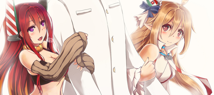 1boy 2girls admiral_(warship_girls_r) aviere_(warship_girls_r) blonde_hair blush breasts brown_eyes camicia_nera_(warship_girls_r) cleavage commentary_request detached_sleeves hair_ornament head_out_of_frame highres huang_(pixiv3580877) long_hair medium_breasts multiple_girls oerba_yun_fang open_mouth pointy_ears red_eyes red_hair warship_girls_r