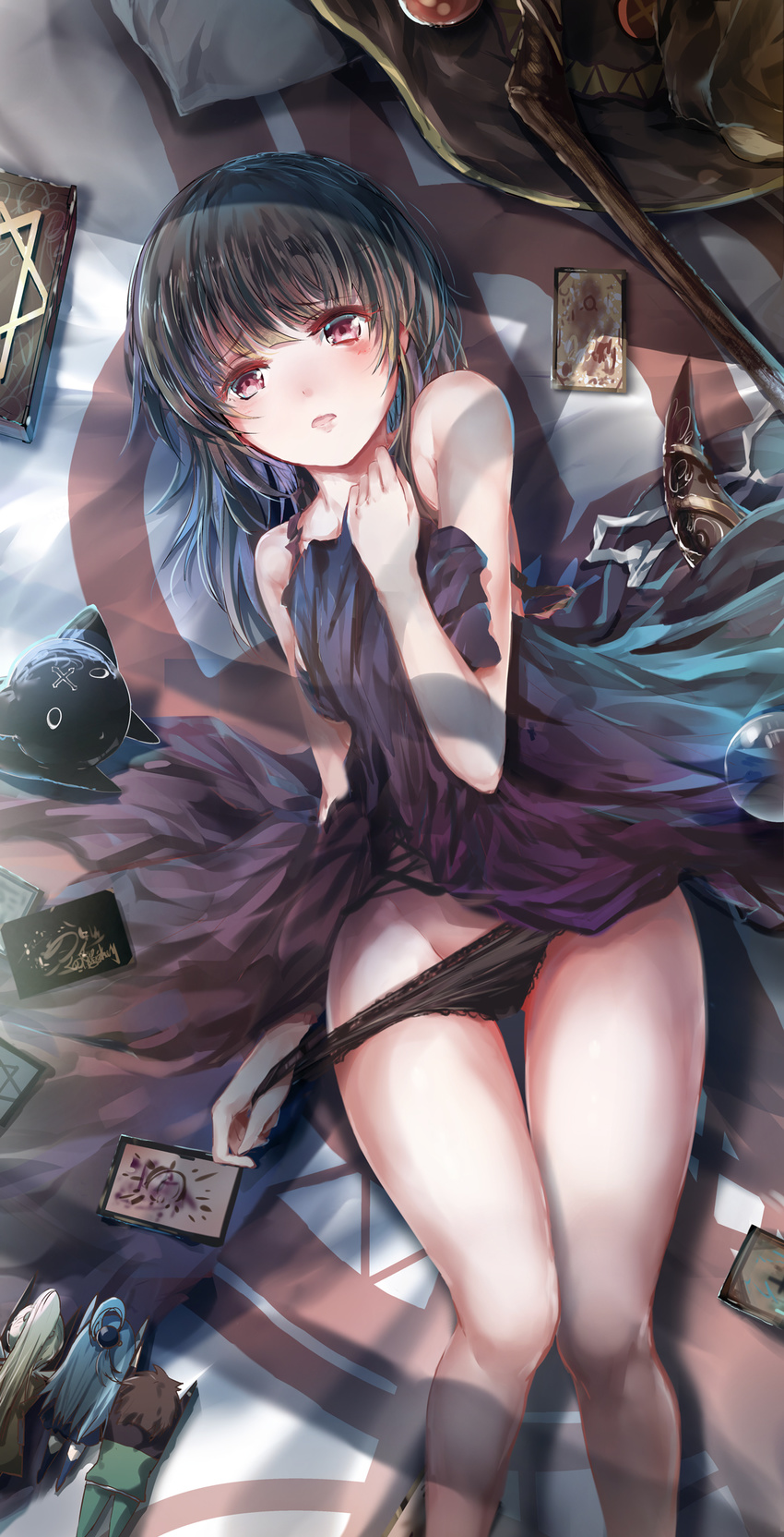 animal aqua_(konosuba) bare_shoulders bed_sheet black_cat black_hair black_panties blue_hair book breasts brown_hair brown_hat camisole card chomusuke clothes_tug commentary_request cowboy_shot darkness_(konosuba) desakey feline female grimoire groin hand_on_own_chest hand_up hat highres kono_subarashii_sekai_ni_shukufuku_wo! lingerie long_hair looking_at_viewer lying md5_mismatch megumin on_back on_bed open_mouth panties panty_pull pillow ponytail pulling_own_clothes red_eyes satou_kazuma short_hair short_hair_with_long_locks sidelocks sleeveless small_breasts solo spaghetti_strap staff thigh_gap track_suit underwear unworn_hat unworn_headwear witch_hat