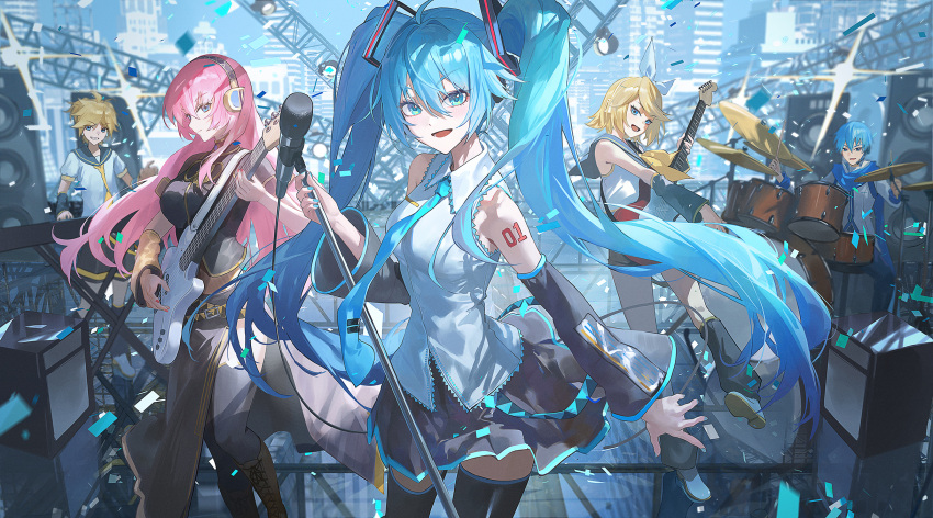 2boys 3girls amplifier aqua_eyes aqua_hair aqua_nails aqua_necktie band black_sleeves blonde_hair cable cityscape collared_shirt commentary detached_sleeves drum drum_set drumsticks electric_guitar english_commentary guitar hatsune_miku headphones headset highres holding holding_microphone_stand instrument kagamine_len kagamine_rin kaito_(vocaloid) long_hair looking_at_viewer megurine_luka microphone microphone_stand multiple_boys multiple_girls necktie number_tattoo pink_hair pleated_skirt scaffolding school_uniform serafuku shirt short_hair sitting skirt sleeveless sleeveless_shirt speaker standing tattoo thighhighs truss ttk_(kirinottk) twintails very_long_hair vocaloid