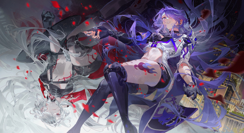 2girls acheron_(honkai:_star_rail) asymmetrical_footwear black_choker black_gloves black_shorts body_markings boots breasts chains choker cleavage coat coattails detached_sleeves falling_petals felicia_chen gloves hair_over_one_eye highres honkai:_star_rail honkai_(series) leg_tattoo long_hair midriff multiple_girls navel petals purple_eyes purple_hair red_eyes red_petals short_shorts shorts single_bare_shoulder stomach tattoo thigh_boots thighs white_coat white_hair