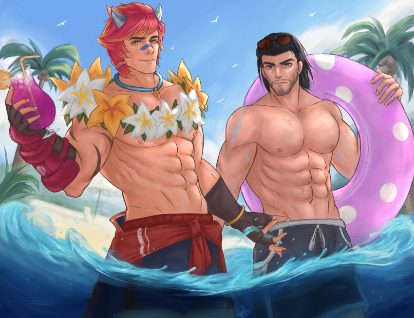 2boys abs alternate_costume arm_tattoo bara beach beach_umbrella bear beard_stubble bird blue_eyes blue_sky blurry blurry_background chair cloud drink facial_hair feet_out_of_frame fingerless_gloves flower flower_collar gauntlets gloves highres league_of_legends lifebuoy long_hair looking_at_viewer male_focus manly mature_male multiple_boys muscular muscular_male nipples ocean outdoors palm_tree pectorals pool pool_party_sett red_hair sand seagull senefisovo sett_(league_of_legends) shorts sky smirk spiked_hair stubble sunglasses swim_ring sylas_(league_of_legends) tattoo topless_male tree umbrella yellow_eyes