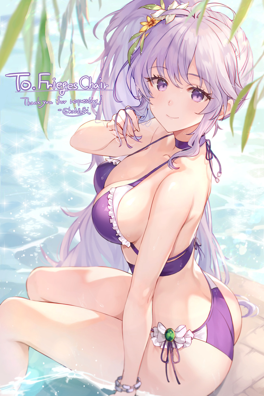 absurdres alternate_costume ass bikini bracelet breasts commission commissioner_upload female fire_emblem fire_emblem:_genealogy_of_the_holy_war flower hair_flower hair_ornament highres ishtar_(fire_emblem) jewelry non-web_source panties ponytail purple_bikini purple_eyes purple_hair shanabi0610 side-tie_bikini_bottom side-tie_panties side_ponytail swimsuit underwear watermark