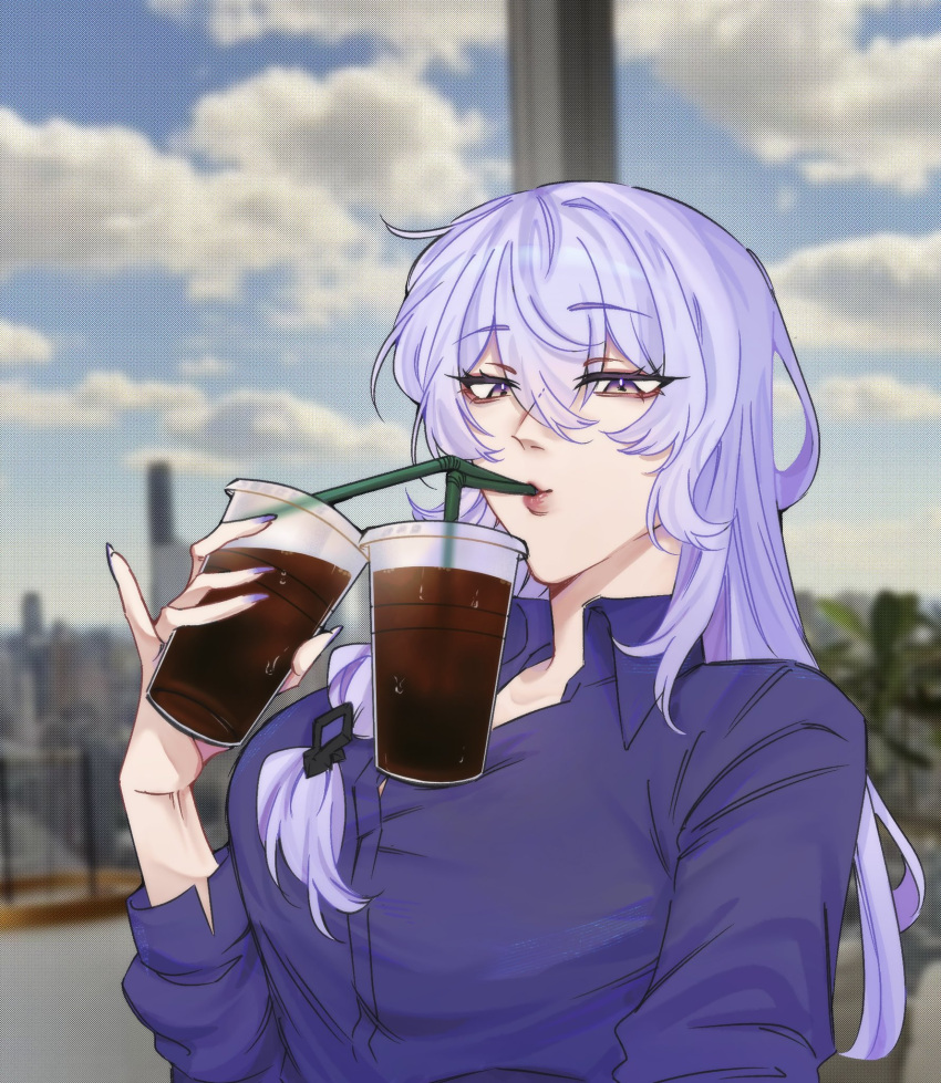 alternate_costume balancing bendy_straw between_breasts black_swan_(honkai:_star_rail) breasts bubble_tea_challenge cleavage cup disposable_cup drink drinking drinking_straw drinking_straw_in_mouth female hair_spread_out highres honkai:_star_rail honkai_(series) large_breasts long_hair looking_at_viewer object_on_breast object_on_pectorals purple_eyes purple_hair solo the_bearsun upper_body very_long_hair yellow_eyes