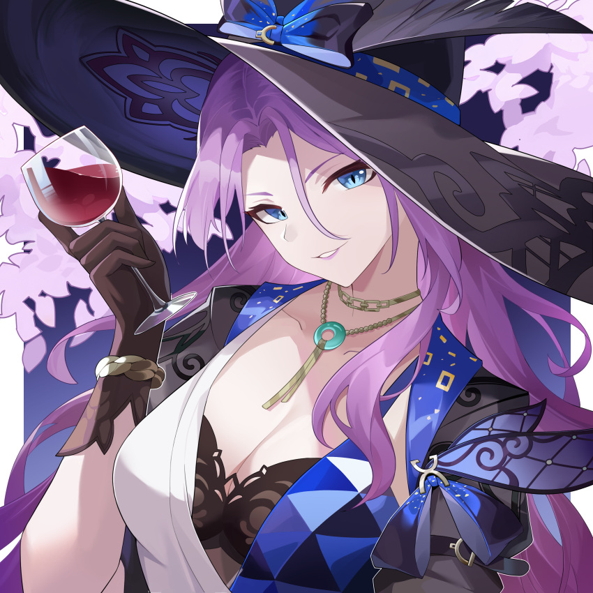 absurdres black_bra black_gloves black_hat blue_dress blue_eyes bra breasts cleavage cup dress drinking_glass female gloves grin hair_between_eyes hand_up hat head_tilt highres holding holding_cup honkai:_star_rail honkai_(series) jade_(honkai:_star_rail) jewelry laosi_j long_hair looking_at_viewer necklace purple_hair smile solo two-tone_dress underwear upper_body very_long_hair white_dress wine_glass