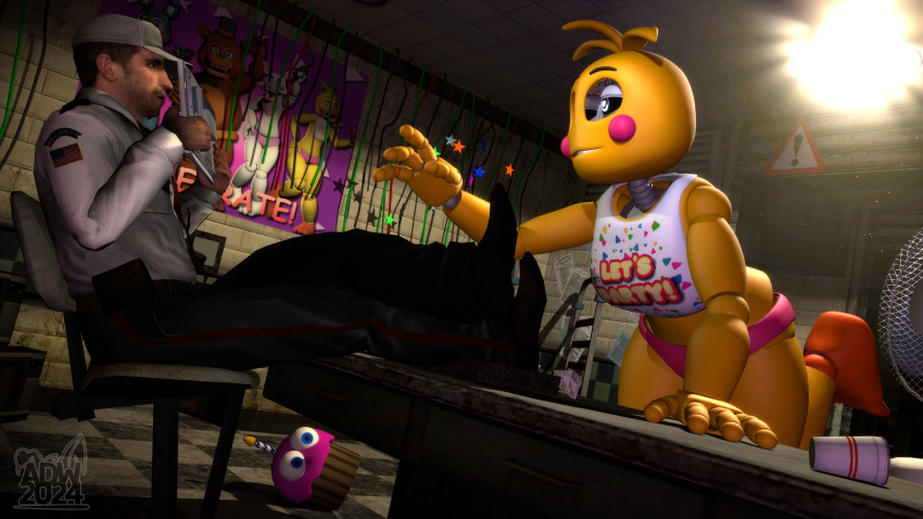 2024 3d_(artwork) 4_fingers absurd_res alexdewolf animatronic anthro avian bib bird black_eyes blush chair cheek_markings chicken citizen_(half-life_2) clothed clothing cupcake cupcake_(fnaf) digital_media_(artwork) duo eyebrows facial_markings feathers feet female fingers five_nights_at_freddy's five_nights_at_freddy's_2 food furniture galliform gallus_(genus) garry's_mod gesture head_feathers head_markings hi_res human lovetaste_chica machine male male-07_(half-life) mammal markings office office_chair one_leg_up orange_feet panties partially_clothed phasianid raised_leg robot robotic scottgames security security_guard security_uniform seductive thick_eyebrows thick_thighs toy_chica_(fnaf) underwear wide_hips yellow_body