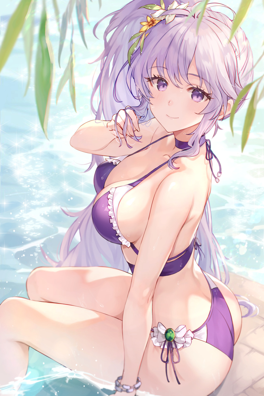 absurdres alternate_costume ass bikini bracelet breasts commission commissioner_upload female fire_emblem fire_emblem:_genealogy_of_the_holy_war flower hair_flower hair_ornament highres ishtar_(fire_emblem) jewelry panties ponytail purple_bikini purple_eyes purple_hair shanabi0610 side-tie_bikini_bottom side-tie_panties side_ponytail solo swimsuit underwear watermark