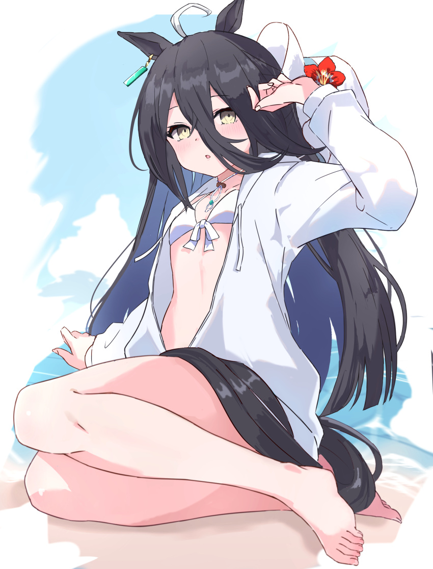 absurdres ahoge animal_ears barefoot bikini black_hair blush breasts female flower full_body hair_between_eyes hat hat_flower hat_on_back hibiscus highres horse_ears horse_girl horse_tail jewelry long_bangs long_hair looking_at_viewer manhattan_cafe_(tobasuze_hot_summer!)_(umamusume) manhattan_cafe_(umamusume) musicccc necklace official_alternate_costume small_breasts solo sun_hat swimsuit tail umamusume white_bikini white_hair yellow_eyes