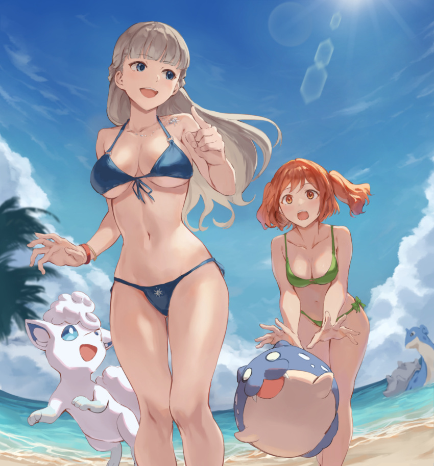 2girls alolan_vulpix beach bikini blue_bikini blue_eyes blue_sky blunt_bangs breasts cleavage cloud collarbone cowboy_shot green_bikini hair_between_eyes highres jojobirdz kanne_(sousou_no_frieren) lapras lawine_(sousou_no_frieren) long_hair looking_at_another medium_breasts multiple_girls navel ocean open_mouth orange_eyes orange_hair outdoors pokemon pokemon_(creature) sand sidelocks sky smile sousou_no_frieren spheal sunlight swimsuit teeth upper_teeth_only