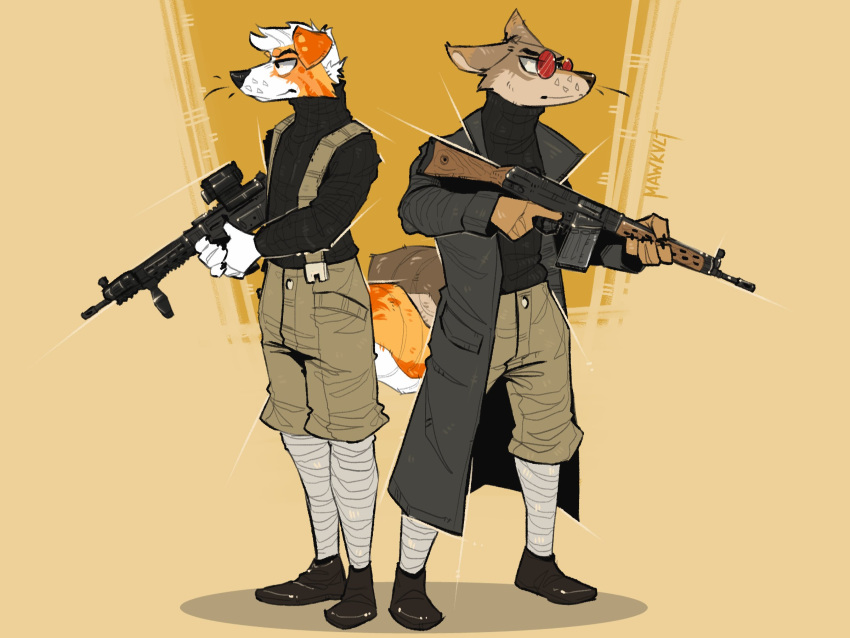 anthro assault_rifle boots canid canine clothed clothing coat duo eyewear fn_fal glasses gun hi_res male mammal mawkvlt ranged_weapon rifle round_glasses simple_background standing topwear weapon