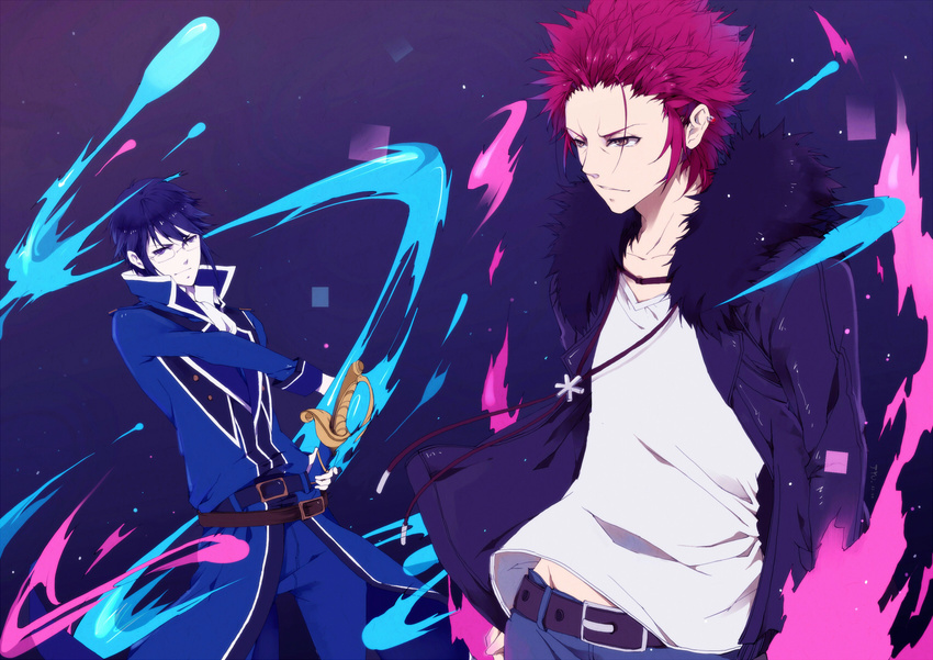 blue_eyes blue_hair brown_eyes glasses jyu k_(anime) male munakata_reishi red_hair suou_mikoto_(k) sword weapon