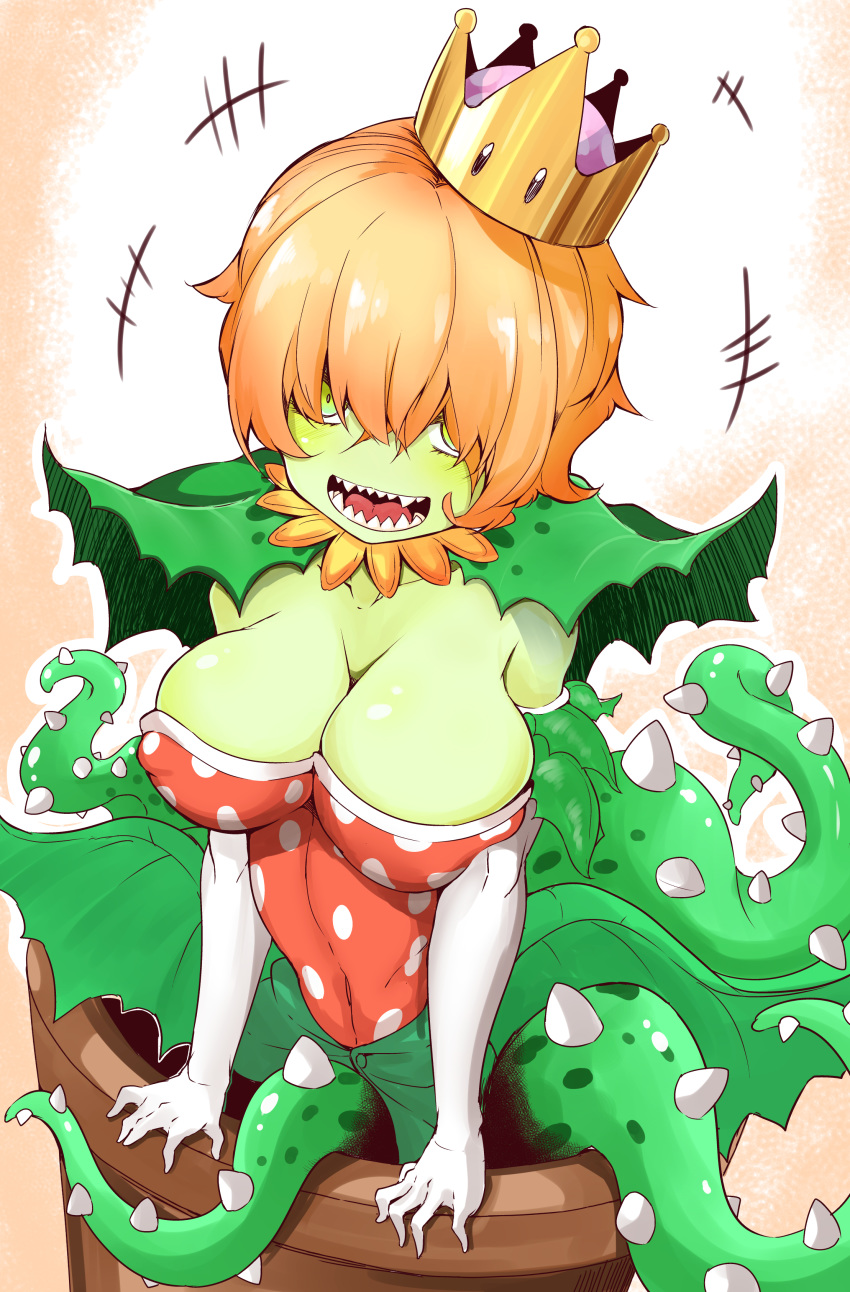 absurdres alraune blonde_hair breasts cape cleavage colored_skin commentary_request covered_nipples crown elbow_gloves female gloves green_skin hair_over_eyes highres large_breasts leaf mario_(series) monster_girl new_super_mario_bros._u_deluxe okuva plant_girl pot princess_piranha_plant sharp_teeth short_hair spikes super_crown teeth