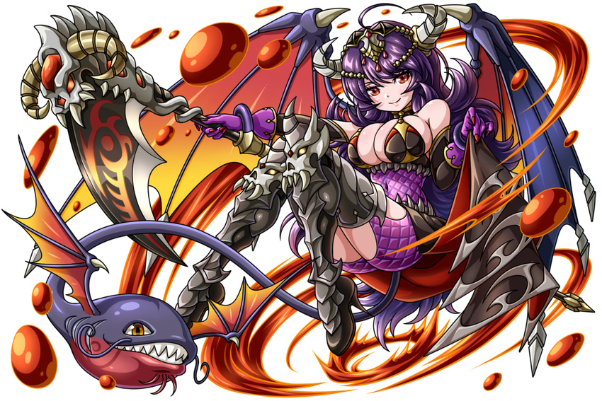 armor bad_id bad_pixiv_id bare_shoulders breasts brown_eyes claws covered_navel dragon_egg dragon_wings elbow_gloves female full_body gloves horns knees_together_feet_apart large_breasts lioreo long_hair looking_at_viewer nail_polish purple_gloves purple_hair red_nails scales scythe smile tail wings