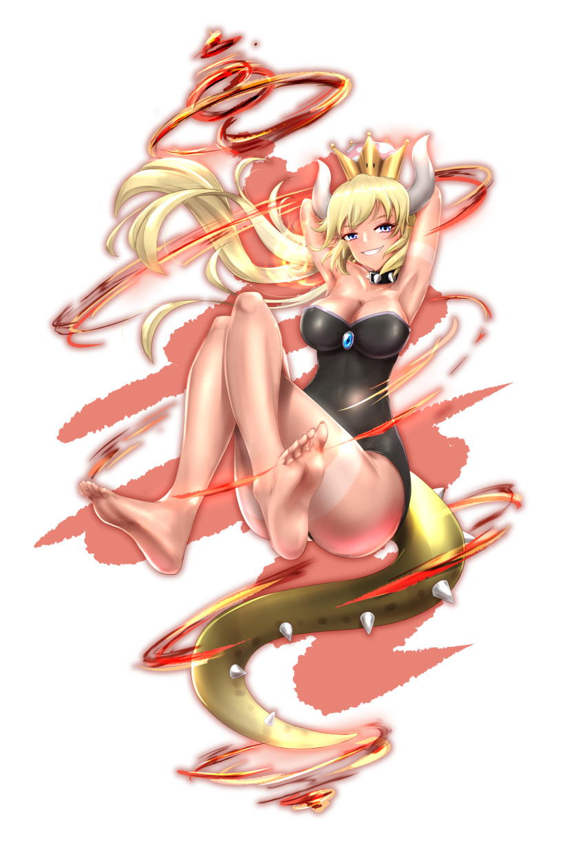 absurdres accessory_tan armpits arms_behind_head arms_up bare_legs bare_shoulders barefoot black_leotard blonde_hair blue_eyes blue_gemstone blush bowsette breasts cleavage collar collarbone commentary crown earrings feet female fire floating_hair from_side full_body gem grin highres hip_focus horns invisible_chair jewelry knees_up large_breasts leotard lizard_tail long_hair looking_at_viewer mario_(series) new_super_mario_bros._u_deluxe p_ion parted_bangs pointy_ears ponytail shell sidelocks sitting smile soles solo spiked_collar spikes super_crown tail tan tanlines thighs toes transparent_background wide_hips