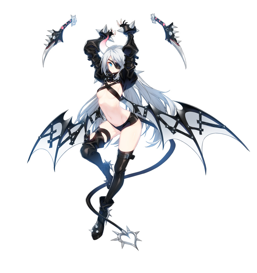 absurdres arched_back arms_up blue_eyes boots bracelet breasts closers demon_girl demon_tail eyepatch female full_body highres horns jewelry knife long_hair looking_at_viewer midriff navel official_art red_star_alliance seulbi_lee short_shorts shorts single_boot single_horn single_thigh_boot single_thighhigh small_breasts solo tail thigh_boots thighhighs transparent_background underboob very_long_hair white_hair wings