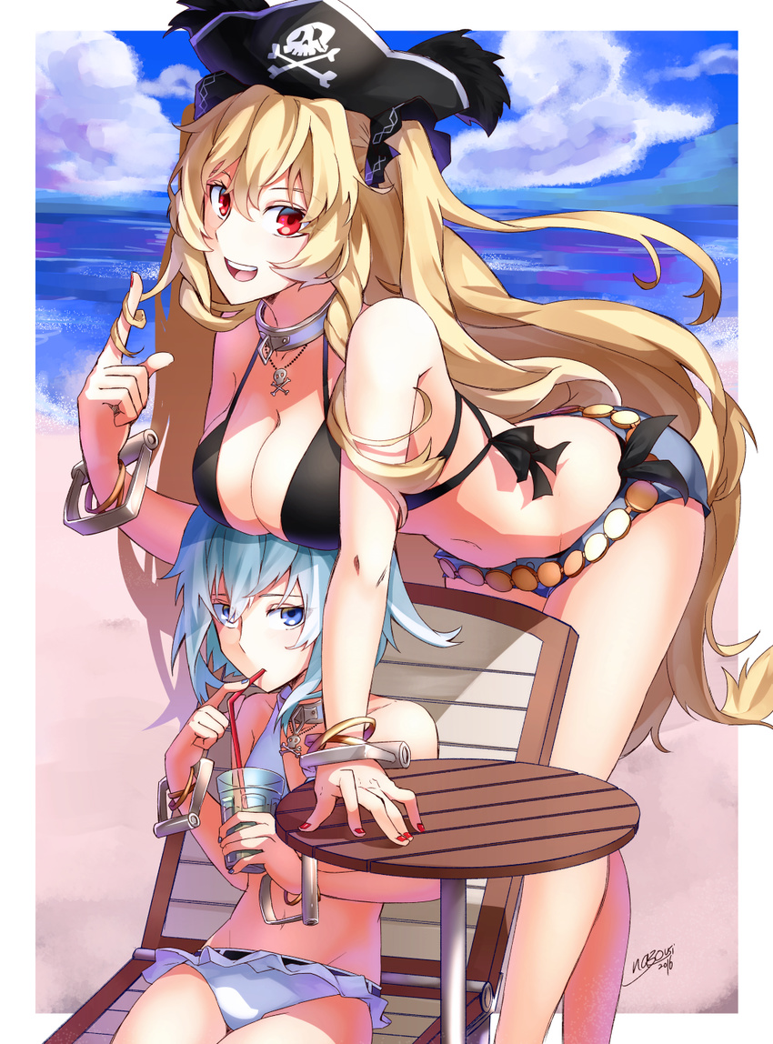 anne_bonny_(fate/grand_order) anne_bonny_(swimsuit_archer)_(fate) bare_shoulders beach bikini blonde_hair blue_eyes breasts cleavage collar fate/grand_order fate_(series) hair_ornament hat large_breasts mary_read_(fate/grand_order) mary_read_(swimsuit_archer)_(fate) midriff mound_of_venus navel open_mouth red_eyes sea short_hair short_shorts shorts silver_hair small_breasts twintails very_long_hair