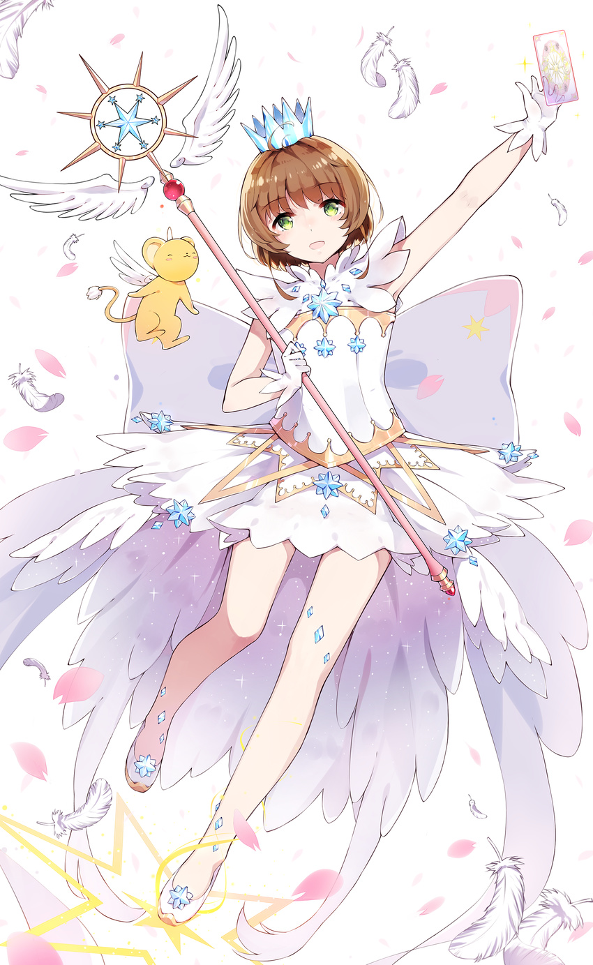 absurdres blush brown_hair cardcaptor_sakura cardcaptor_sakura_clear_card_arc clear_card commentary_request crown dress feathers female full_body gloves green_eyes highres holding holding_staff kero_(cardcaptor_sakura) kinomoto_sakura kinomoto_sakura_(crystal_feather_dress) levi9452 looking_at_viewer magical_girl petals short_hair staff yume_no_tsue