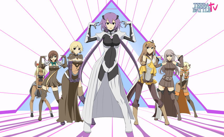 6+girls amazora_(terra_battle) amimari_(terra_battle) anger_vein bahl_(terra_battle) blonde_hair blue_eyes bonna_(terra_battle) bra breasts brown_hair character_request cleavage commentary_request copyright_name eileen_(terra_battle) eyepatch gloves grey_hair hairband highres long_hair looking_at_viewer me!me!me! medium_breasts multiple_girls navel open_mouth palpa_(terra_battle) pantyhose parody pink_eyes purple_eyes purple_hair rexlent samatha_(terra_battle) short_hair smile terra_battle thighhighs twintails underwear