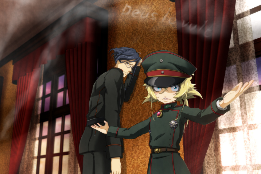 1boy annoyed belt black_hair blonde_hair blue_eyes brown_eyes commentary_request curtains erich_von_rerugen female genya_(genya67) glasses hat highres indoors medal military military_hat military_uniform outstretched_arms parted_lips smoke tanya_degurechaff text_focus uniform window youjo_senki