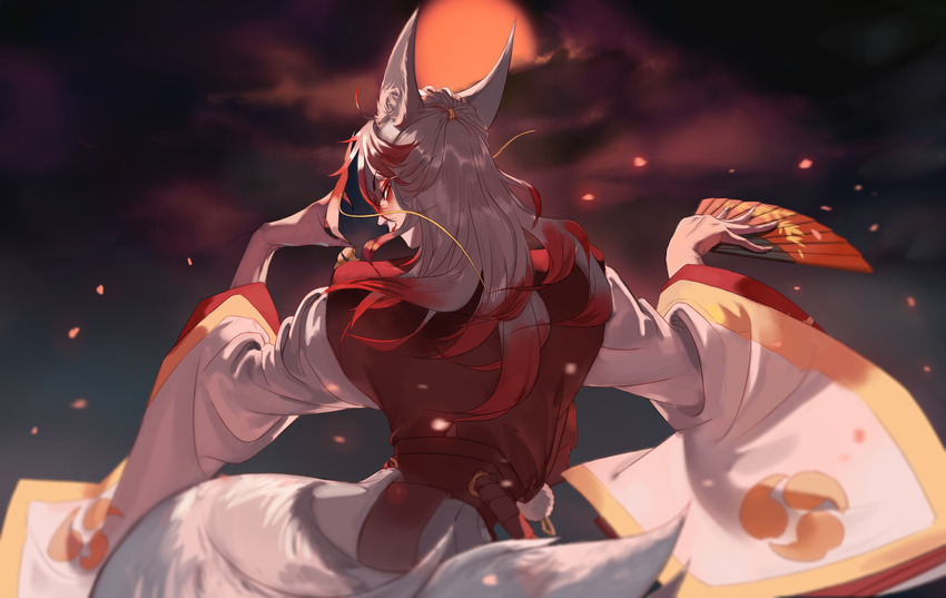 1boy absurdres an_de-and animal_ears back cloud commentary_request facial_mark fox_ears fur_trim hand_fan highres japanese_clothes kitsune long_hair male_focus moon multicolored_hair onmyoji photoshop_(medium) red_eyes red_hair sky solo two-tone_hair upper_body white_hair yellow_eyes youko_(onmyoji)