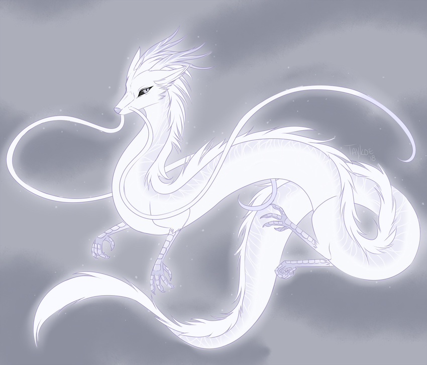 2018 ambiguous_gender asian_mythology digital_media_(artwork) dragon east_asian_mythology eastern_dragon feral fur hair mythological_creature mythological_scalie mythology scalie simple_background solo tail taykoe white_body white_fur white_hair