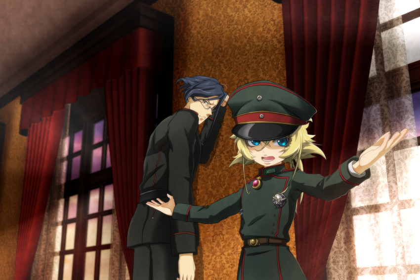 1boy black_hair blonde_hair blue_eyes brown_eyes commentary_request curtains erich_von_rerugen female genya_(genya67) glasses hat highres indoors medal military military_hat military_uniform open_mouth outstretched_arms tanya_degurechaff uniform window youjo_senki