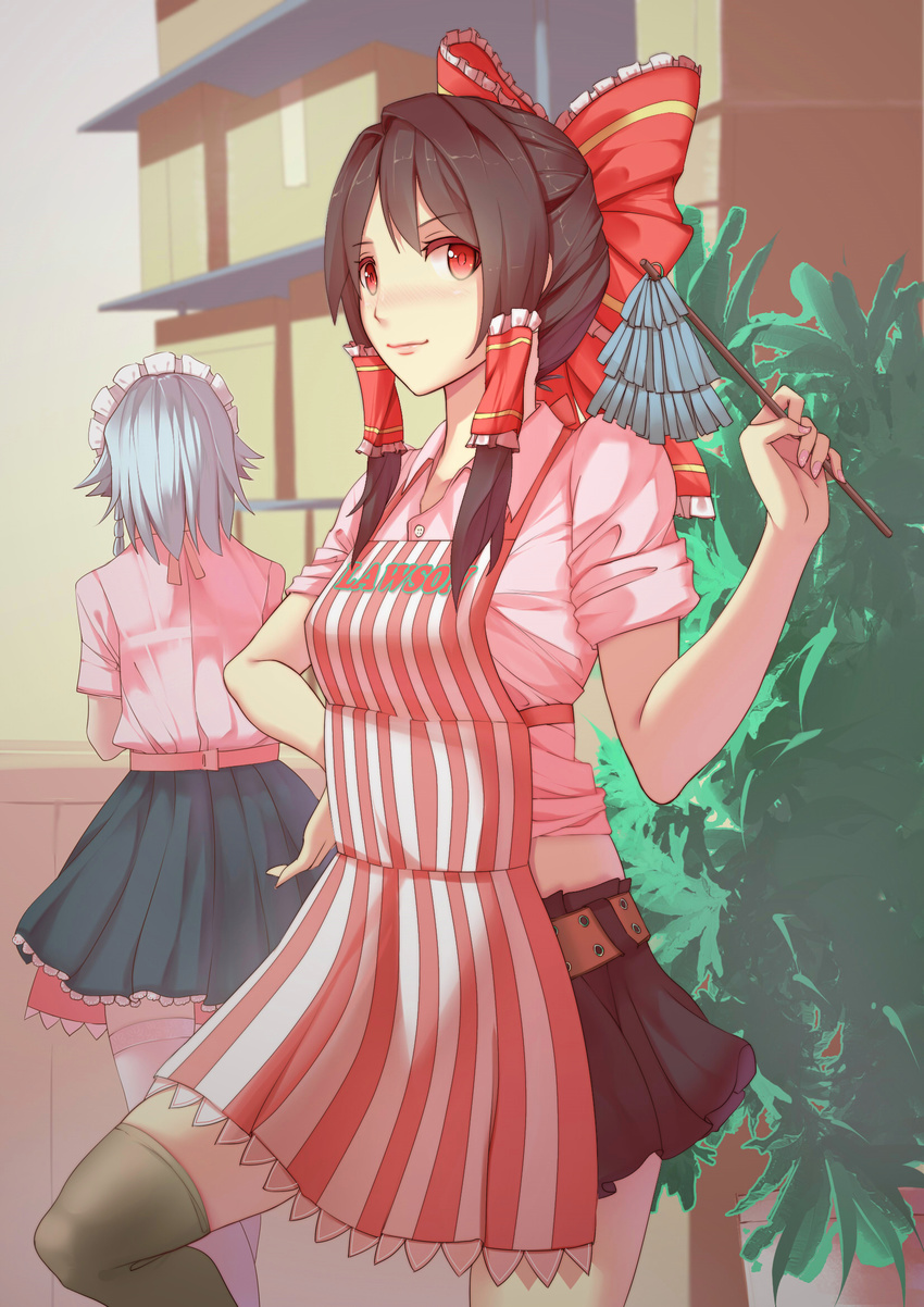 2girls alternate_costume bad_id bad_pixiv_id bow braid brown_hair commentary_request convenience_store cowboy_shot employee_uniform from_behind grey_hair hair_ribbon hair_tubes hairbow hakurei_reimu highres izayoi_sakuya lawson light_smile long_hair looking_at_viewer maid_headdress miniskirt multiple_girls red_eyes ribbon shop short_hair skirt thighhighs touhou twin_braids uniform waitress yonoki