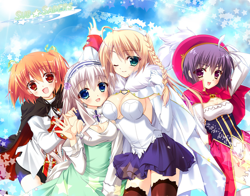 4girls :d ahoge amyrina arm_up asukai_shio beret blonde_hair blue_skirt blush braid breasts cape cleavage cloud commentary_request cosplay day dress flying green_dress green_eyes hat large_breasts long_sleeves looking_at_viewer medium_breasts misasagi_akane multiple_girls ocean open_mouth orange_hair outdoors photoshop_(medium) purple_hair red_eyes short_hair single_braid skirt smile suzushiro_atsushi takahashi_sachiho tareme thighhighs twinkle_crusaders water zettai_ryouiki