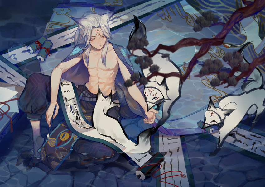 1boy abs absurdres animal_ears blue_hair brush commentary_request ctrl_(821642) facial_mark forehead_mark fox_ears highres japanese_clothes kitsune long_hair male_focus multicolored_hair navel onmyoji pectorals photoshop_(medium) ponytail scroll sitting solo topless_male tree two-tone_hair water white_hair yellow_eyes youko_(onmyoji)