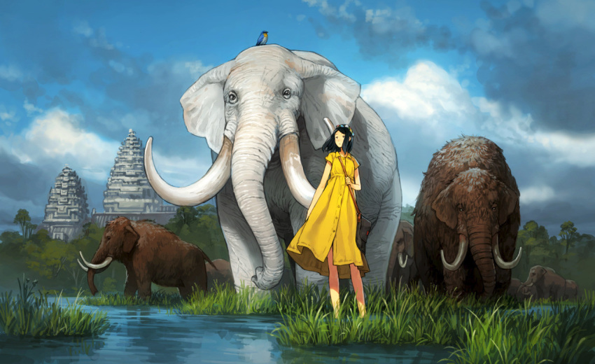 angkor_wat bag bird black_hair blue_sky cambodia cloud commentary_request day elephant female grass handbag mammoth original outdoors scenery short_hair sky standing temple tree tusks woolly_mammoth yoshida_seiji