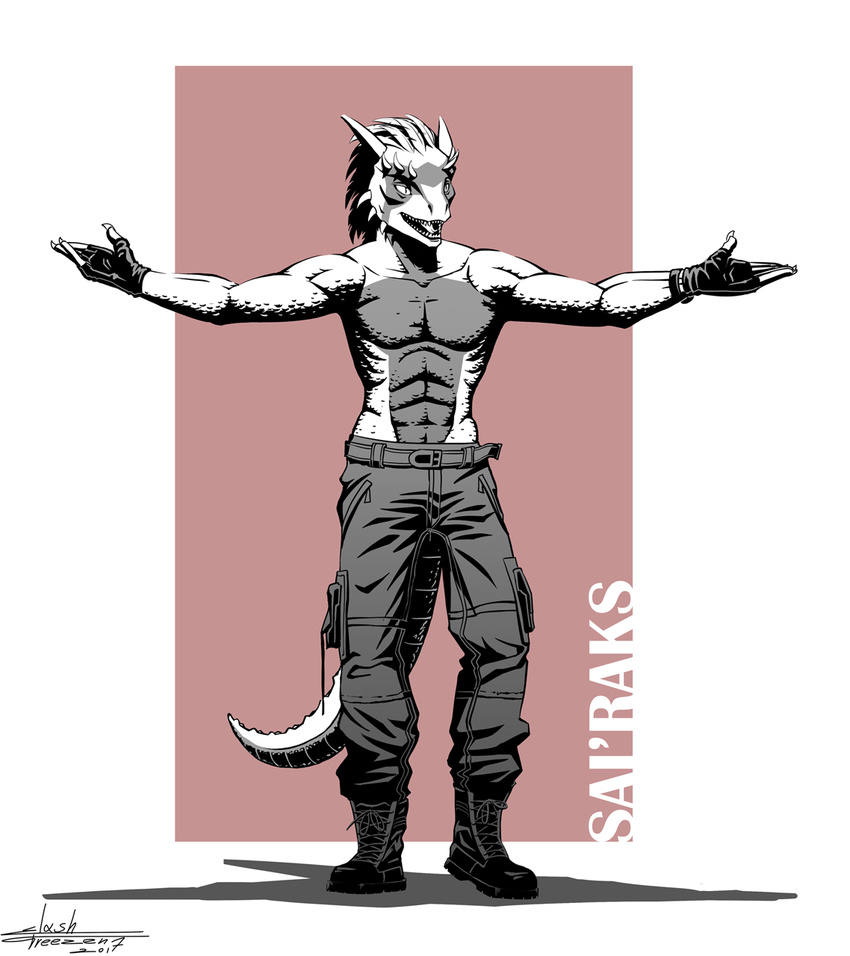 2017 5_fingers abs anthro argonian belt boots bottomwear cargo_pants cel_shading character_name claws clothed clothing collarbone feathers fingerless_gloves fingers footwear forked_tongue front_view full-length_portrait gloves handwear hi_res horn lizard male microsoft muscular muscular_anthro muscular_male open_mouth open_smile pants portrait pose pupils reptile sairaks scalie shaded simple_background slash_freezen slit_pupils smile solo spread_arms standing teeth the_elder_scrolls tongue topless