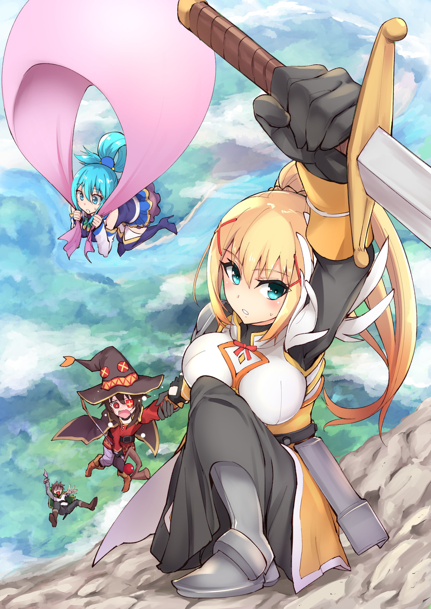 1boy 3girls aqua_(konosuba) armor armored_boots bare_shoulders belt black_hair blonde_hair blue_eyes blue_footwear blue_hair blue_thighhighs blush boots breasts brown_footwear cliff commentary_request coupe50 darkness_(konosuba) detached_sleeves falling fingerless_gloves gloves grey_footwear hagoromo hair_ornament hat highres knee_boots kono_subarashii_sekai_ni_shukufuku_wo! large_breasts long_hair megumin multiple_girls open_mouth orange_theme panties parachute ponytail red_eyes ribbon satou_kazuma shawl short_hair single_hair_ring skirt staff sword thighhighs underwear weapon witch_hat x_hair_ornament