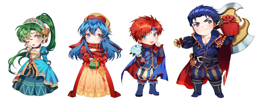 2boys 2girls armads_(fire_emblem) axe blue_eyes blue_hair cape chibi chinese_commentary commentary_request dress father_and_daughter fire_emblem fire_emblem:_the_binding_blade fire_emblem:_the_blazing_blade fire_emblem_heroes green_eyes green_hair hat headband hector_(fire_emblem) hector_(valentine)_(fire_emblem) highres jewelry lilina_(fire_emblem) lilina_(valentine)_(fire_emblem) long_hair looking_at_viewer lyn_(fire_emblem) lyn_(valentine)_(fire_emblem) mother_and_daughter multiple_boys multiple_girls open_mouth ponytail protected_link red_hair roy_(fire_emblem) roy_(valentine)_(fire_emblem) short_hair smile weapon winter_clothes zuizi