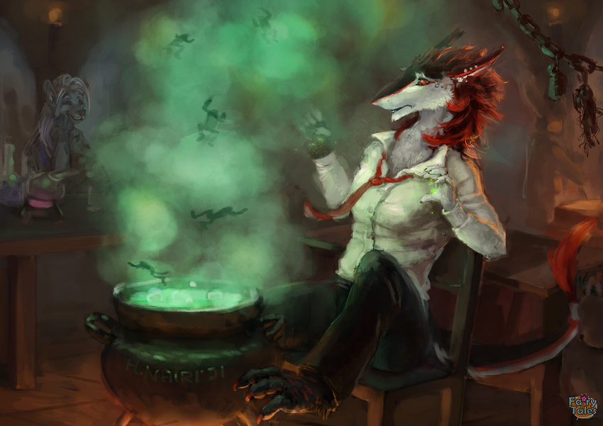 alchemy amphibian anthro bottomwear bubble cauldron chains chair clothing dragon female flask frog furniture heni heni_(character) magic mythological_creature mythological_scalie mythology necktie pants saterina scalie sergal shirt smoke solo surprise tail topwear