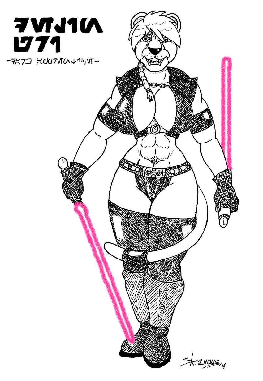 abs angry anthro aurebesh_text big_breasts braided_hair breasts camel_toe character_cipher delin_gri dual_wielding felid female frown hair hi_res holding_object holding_weapon lightsaber looking_at_viewer mammal melee_weapon pantherine pink_lightsaber reverse_grip simple_background sith skianous solo star_wars text weapon white_background wide_hips