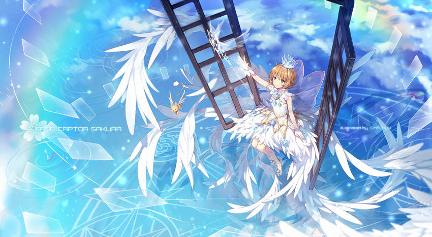 artist_name cardcaptor_sakura cardcaptor_sakura_clear_card_arc commentary copyright_name creature crown dress female gloves green_eyes highres kero_(cardcaptor_sakura) kinomoto_sakura kinomoto_sakura_(crystal_feather_dress) light_brown_hair linfi-muu ripples shoes sitting sleeveless sleeveless_dress wand water white_dress white_footwear white_gloves white_wings window wings yume_no_tsue