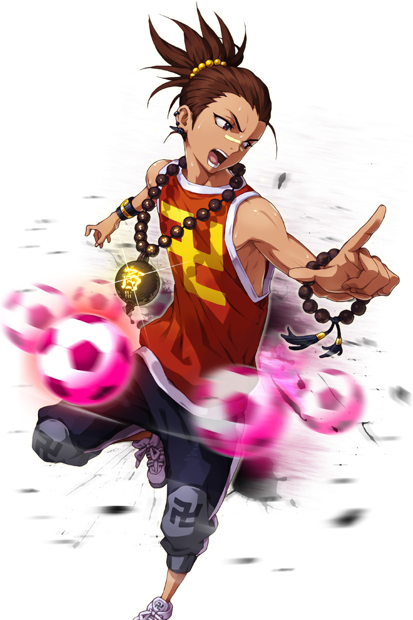 1boy :o ball bracelet brown_eyes brown_hair comiccho earrings full_body glint hair_ornament highres jang_(soccer_spirits) jewelry looking_to_the_side male_focus necklace nose_tape pointing shoes sneakers soccer_ball soccer_spirits solo standing standing_on_one_leg swastika sweatband transparent_background white_footwear