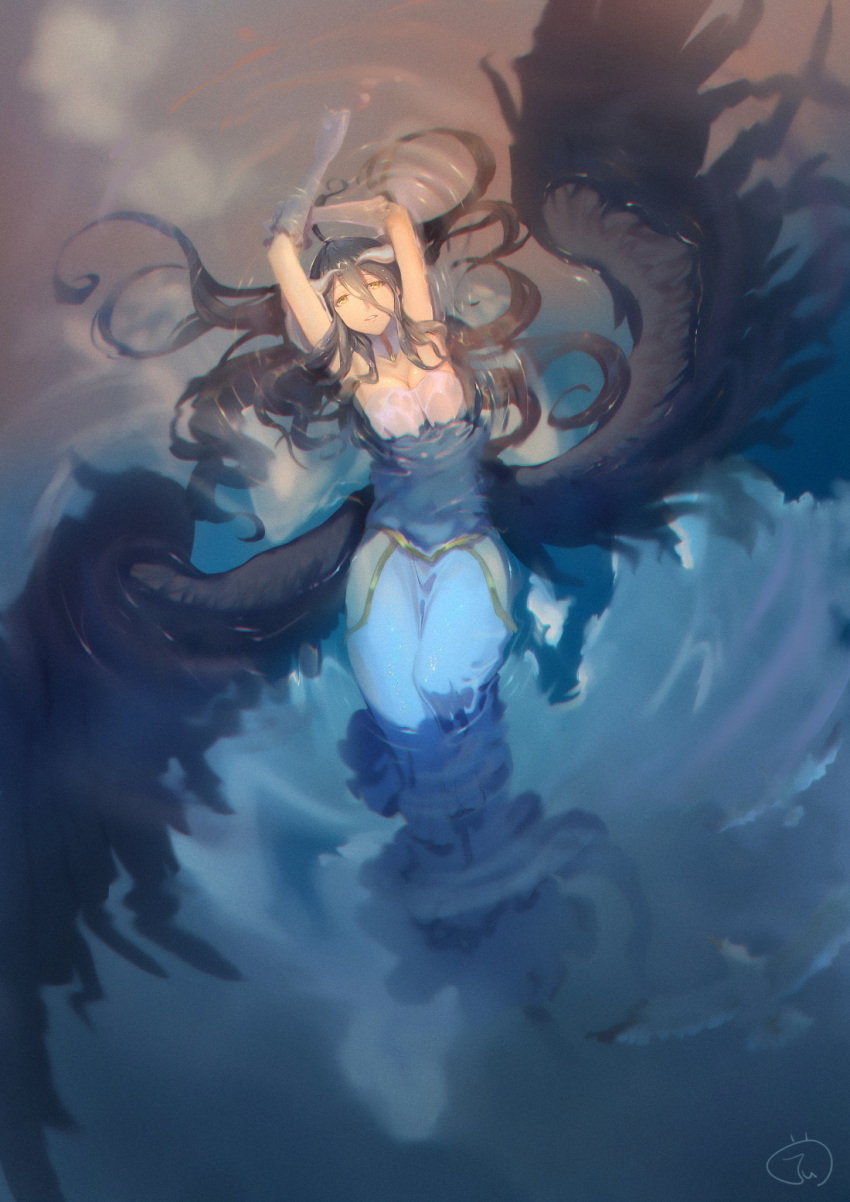 albedo_(overlord) arms_up black_hair black_wings commentary demon_horns detached_collar dress feathered_wings female floating_hair hair_between_eyes highres horns jujumaho_(nanigaxila) overlord_(maruyama) partially_submerged ripples signature sky slit_pupils water white_dress wings yellow_eyes