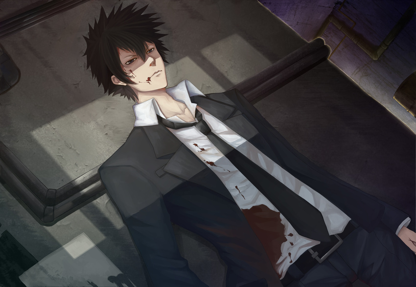 ayan black_hair blood blue_eyes kougami_shinya psycho-pass shade suit tie