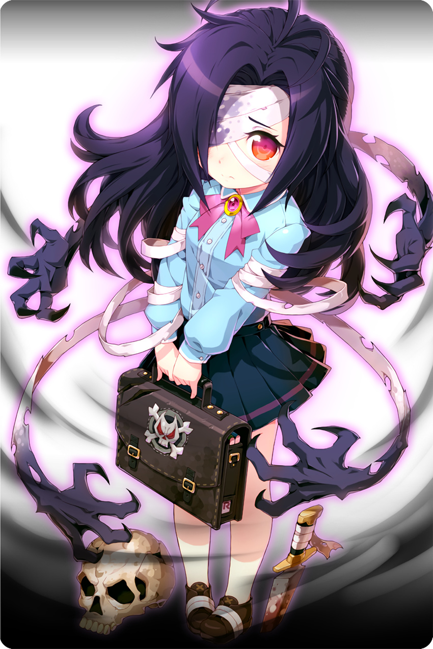 aged_down ahoge alternate_costume bag bandage_over_one_eye black_hair blue_skirt briefcase brown_footwear comiccho female hands highres long_hair looking_at_viewer official_art ravian_(soccer_spirits) red_eyes school_bag school_briefcase shoes skirt skull skull_and_crossbones soccer_spirits socks solo standing sword transparent_background weapon white_socks