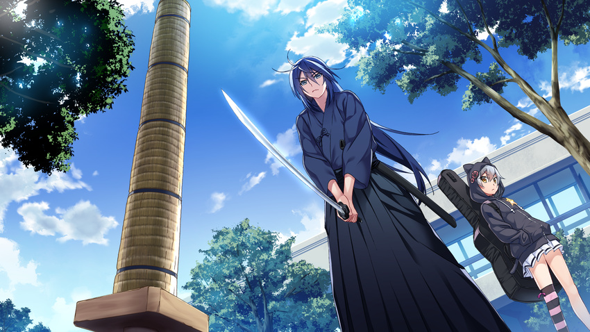 aoi_haruto blue_hair clouds front_wing game_cg gray_hair grisaia:_phantom_trigger hoodie japanese_clothes katana long_hair male shishigaya_touka sky sword thighhighs tree watanabe_akio weapon