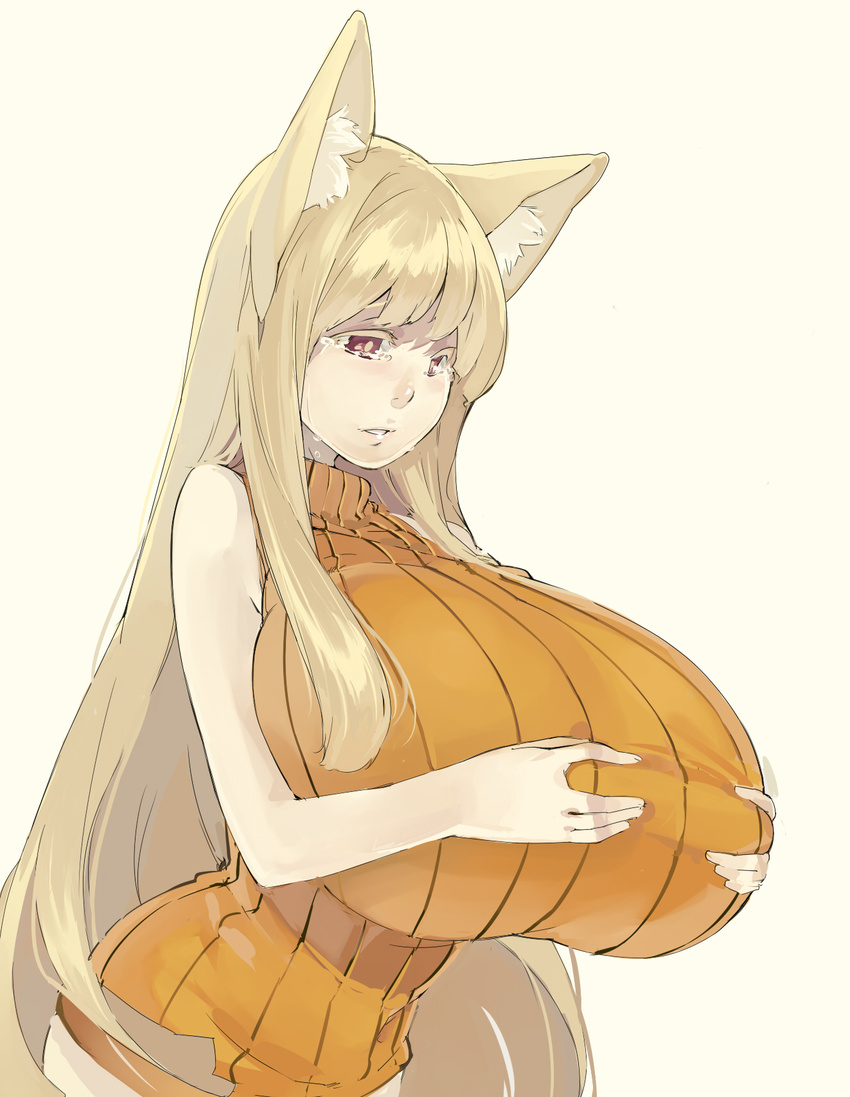 animal_humanoid big_breasts blonde_hair bodily_fluids breasts canid canid_humanoid canine canine_humanoid clothed clothing curvy_figure female fox fox_humanoid hair hi_res huge_breasts humanoid long_hair mammal mammal_humanoid muneneko nipple_fetish nipple_pinch nipple_play pinch simple_background solo tears tight_clothing voluptuous