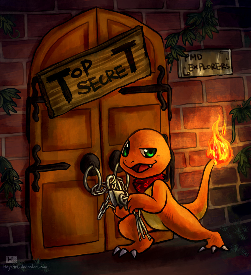 2012 absurd_res ambiguous_gender chains charmander claws digital_media_(artwork) door english_text feral fire flaming_tail generation_1_pokemon green_eyes haychel hi_res key lock nintendo open_mouth orange_body orange_skin pokemon pokemon_(species) pokemon_mystery_dungeon reptile scalie scarf secret sign solo spike_chunsoft tail text toe_claws url warm_colors